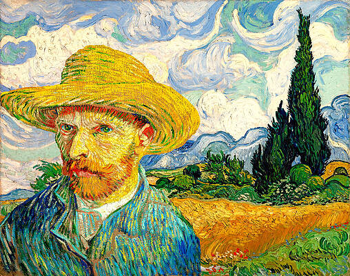 Nature Digital Art - Van Gogh Self-Portrait With Straw Hat In Front Of Wheat Field With Cypresses by Nicko Prints