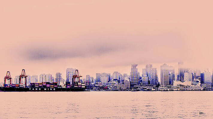 Cityscape With Cargo Ship and Fog Photograph