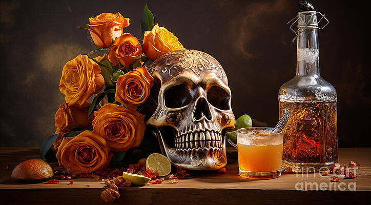 Halloween Wall Art featuring the digital art Vanitas Still Life With Skull And Orange Flowers Sitting By A Glass And Bottle by Michel Cruz-Garcia