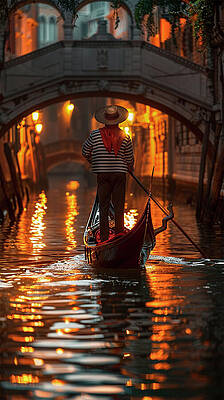 Water Photograph - Venice Gondolier On Canal by Printed View