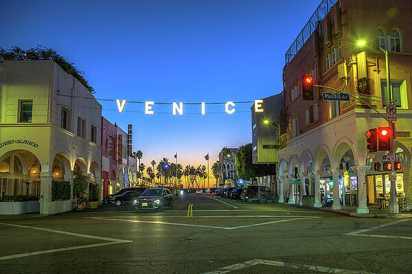 Wall Art featuring the photograph Venice Sign At Sunset In Venice Beach, California by Miroslav Liska