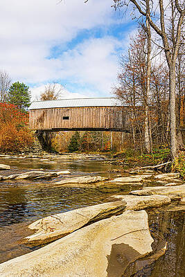Tranquil Wall Art featuring the photograph Vermont Autumn At Flint Covered Bridge by Ron Long Ltd Photography