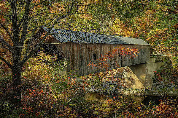 Tranquil Wall Art featuring the photograph Vermont Autumn At Upper Falls Covered Bridge 1 by Ron Long Ltd Photography