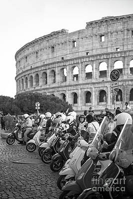 Transportation Wall Art featuring the photograph Vespa Scooters In Front Of The Ancient Colosseo by Stefano Senise