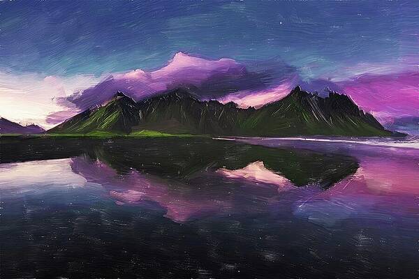 Serene Digital Art - Vestrahorn Mountain Digital Oil Painting by Nature Oil Painting