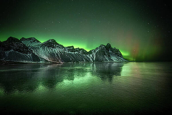 Winter Wall Art featuring the photograph Vestrahorns Green Aurora by Charnwood Photography Fine Art