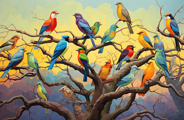 Vibrant Wall Art featuring the painting Vibrant Bird Serenade by Land of Dreams