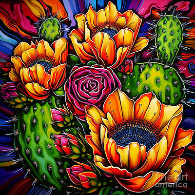 Vibrant Cactus and Flower Composition Wall Art