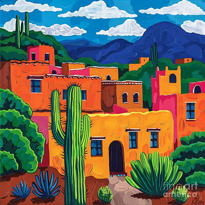 Vibrant Desert Village with Cacti Wall Art