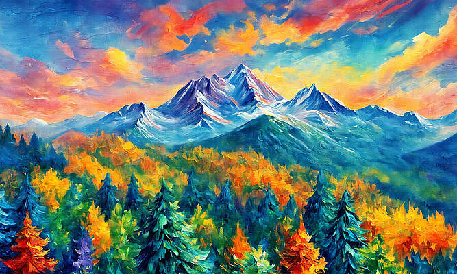 Nature Digital Art - Vibrant Mountains And Fir Forests - Colorful Contemporary Style Painting by Nicko Prints