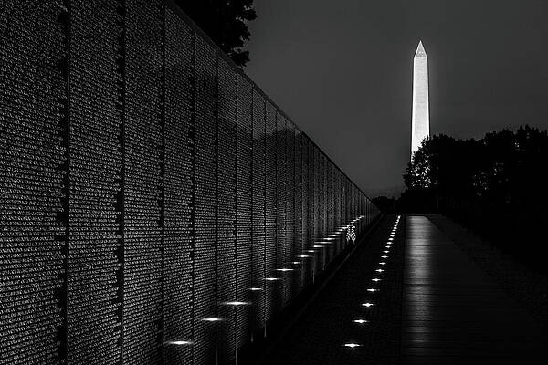 Vietnam Veterans Memorial at Night in Black and White by Elvira Peretsman