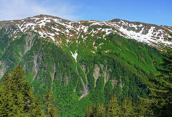 Wall Art featuring the photograph View From Mount Roberts Toward Mt Juneau With Waterfall In Alask by Steven Heap