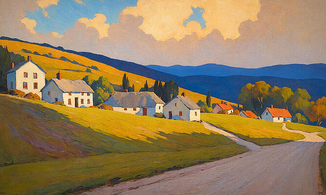 Nature Digital Art - Village Near A Hill In The Afternoon - Digital Painting by Nicko Prints