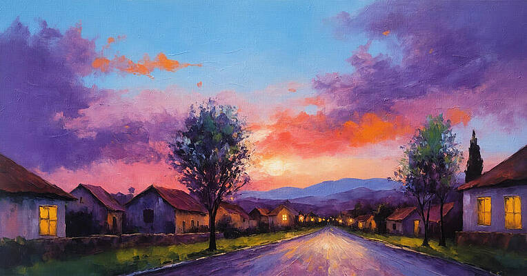 Mountain Wall Art featuring the digital art Village Street With Houses Under A Beautiful Twilight Sky - Digital Painting by Nicko Prints