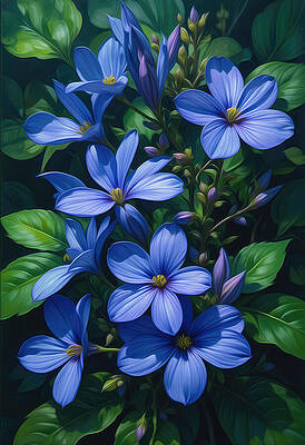 Vibrant Blue Flowers in Foliage Digital Art