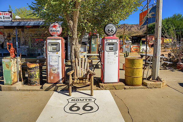 Vintage Wall Art featuring the photograph Vintage Gas Pumps At Hackberry General Store On Route 66 In Arizona by Miroslav Liska
