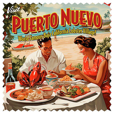 Wall Art featuring the digital art Vintage Style Puerto Nuevo, Mexico Postcard by William Scott Koenig