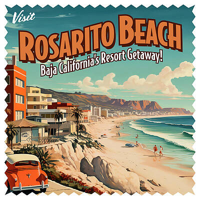 Wall Art featuring the digital art Vintage Style Rosarito Beach, Mexico Postcard by William Scott Koenig