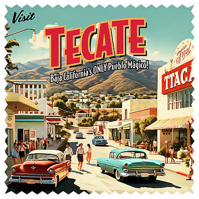 Wall Art featuring the digital art Vintage Style Tecate, Mexico Postcard by William Scott Koenig