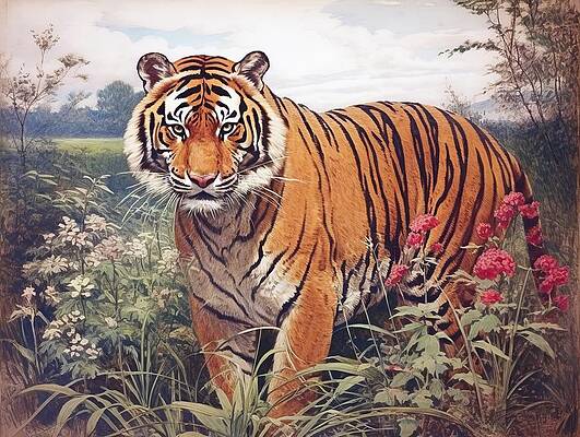 Vibrant Wall Art featuring the painting Vintage Tiger Illustration by Land of Dreams