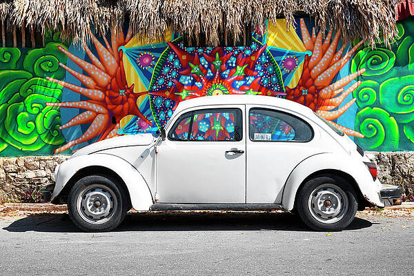 Travel Photograph - Viva Mexico Collection - Cancun White VW Beetle Car by Philippe HUGONNARD