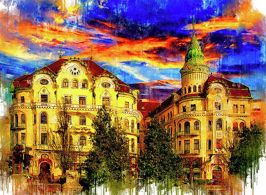 Vibrant Wall Art featuring the digital art Vulturul Negru, Black Eagle Palace, In Oradea At Sunset - Watercolor Ink by Nicko Prints