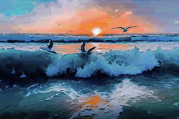 Wildlife Digital Art - Beach Sunset Digital Oil Painting by Nature Oil Painting