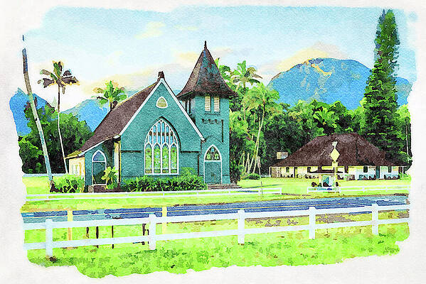 Wall Art featuring the photograph Waioli Huiia Church Stands In Hanalei, Kauai In Watercolor by Steven Heap