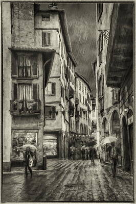 Wall Art featuring the painting Walking In The Rain - Bergamo - BW by Jeffrey Kolker
