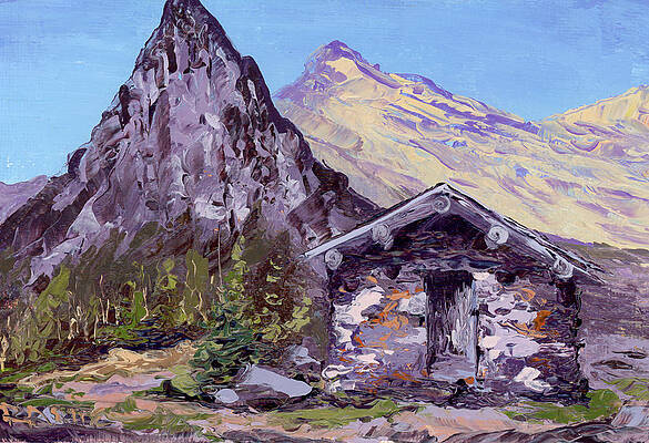 Mountain Wall Art featuring the painting Warming Hut At Gunsight Pass by Raette Meredith