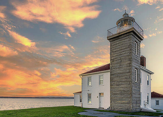 Sunset Wall Art featuring the photograph Watch Hill Lighthouse At Sunset by Dave King