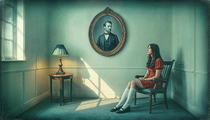 Woman Contemplates By Portrait Print