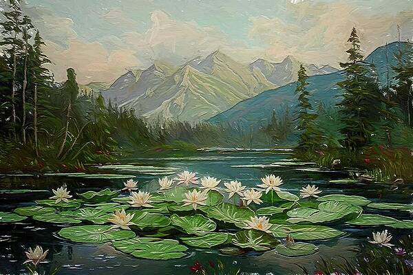 Wilderness Digital Art - Waterlily In A Beautiful Lake Digital Oil Painting 2 by Nature Oil Painting