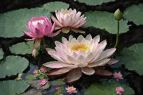 Flower Digital Art - Water Lily In The Pond Digital Oil Painting by Nature Oil Painting