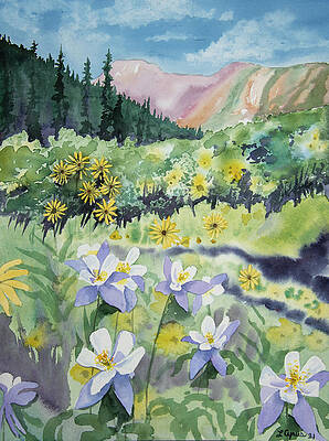 Columbine and Sunflower Landscape Painting