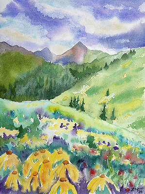 Mountain Wildflowers and Scenic Hills Painting