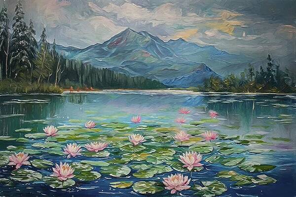Serene Digital Art - Waterlily In A Beautiful Lake Digital Oil Painting by Nature Oil Painting