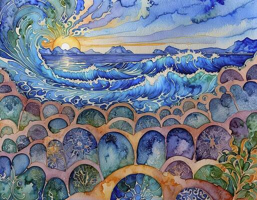 Vibrant Digital Art - Wave Garden Sunrise by Eris And AI