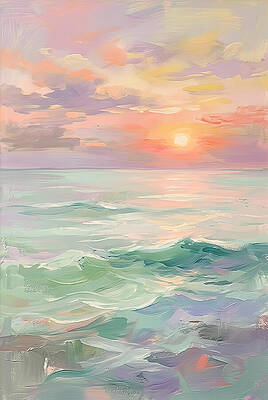 Waves Ocean Sunset by Nature Oil Painting