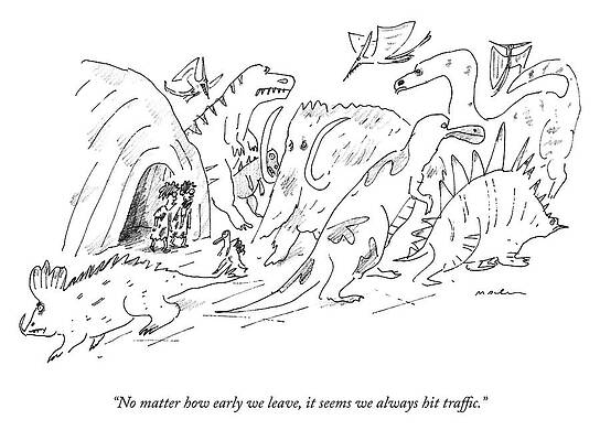 Dinosaurs Wall Art featuring the drawing We Always Hit Traffic by Michel Maslin