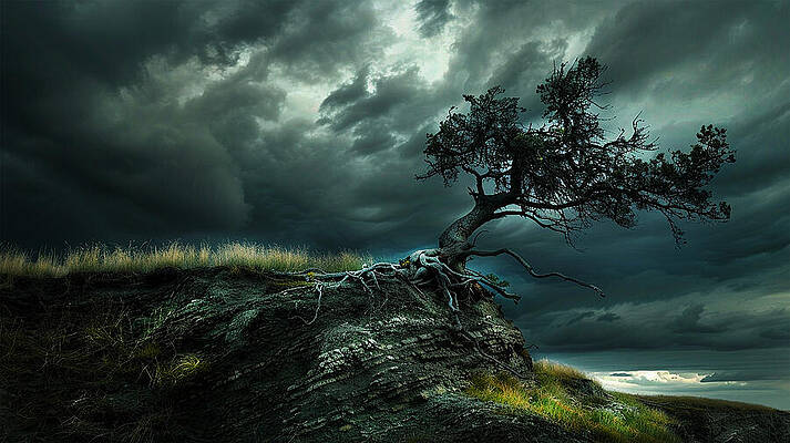 Sky Wall Art featuring the photograph Weathered Tree On Stormy Coastline by Printed View