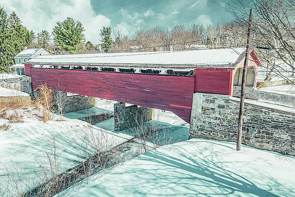 Red Covered Bridge in Snowy Landscape Wall Art