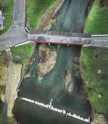 Water Wall Art featuring the photograph Wehrs Dam And Covered Bridge March Aerial by Jason Fink