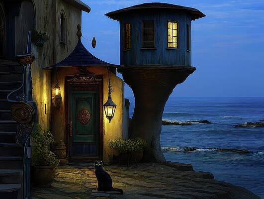 Enchanted Coastal Cottage at Night Digital Art