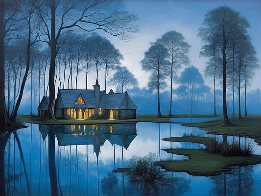 Reflection Digital Art - Wetlands House On A Blue Evening by Eris And AI