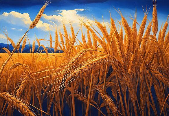 Wall Art featuring the digital art Wheat Field Under A Blue Sky - Limited Color Palette Painting by Nicko Prints