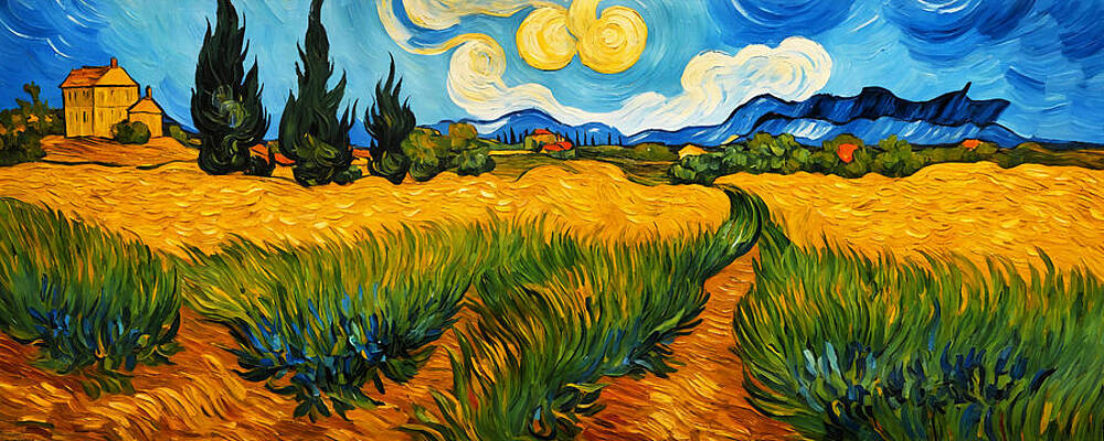 Vibrant Wall Art featuring the digital art Wheat Filed With Trees And Houses In The Distance Under A Blue Sky In The Style Of Vincent Van Gogh by Nicko Prints