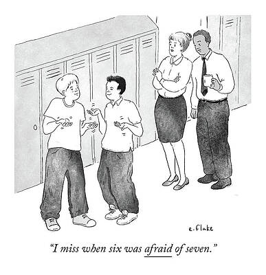 Cartoon Humor in a School Hallway Print
