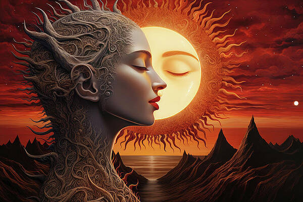 Vibrant Wall Art featuring the digital art When The Moon Kisses The Sun by Ron Weathers