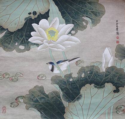 Wall Art featuring the painting White Lotus Flower by HuiZhen Zhang